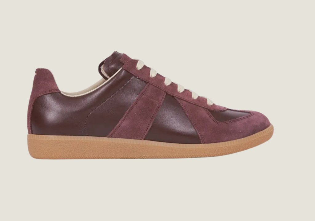 MM Burgundy nappa leather and suede with a honey sole.
