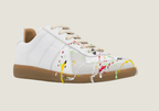 MM Dirty Wash nubuck leather and velour featuring a paint splatter design.