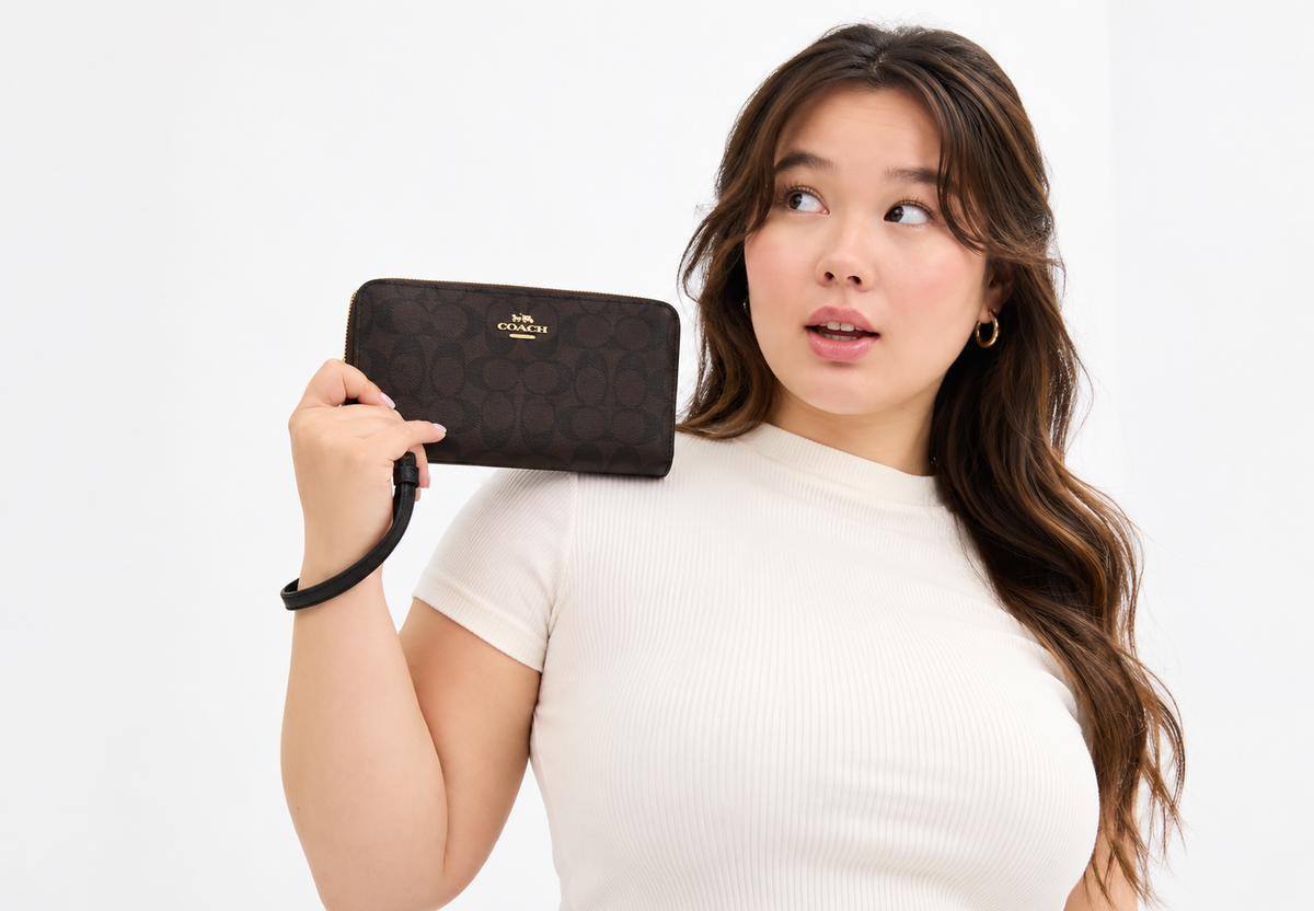 Coach Signature Canvas Long Zip Wallet – Dark Brown