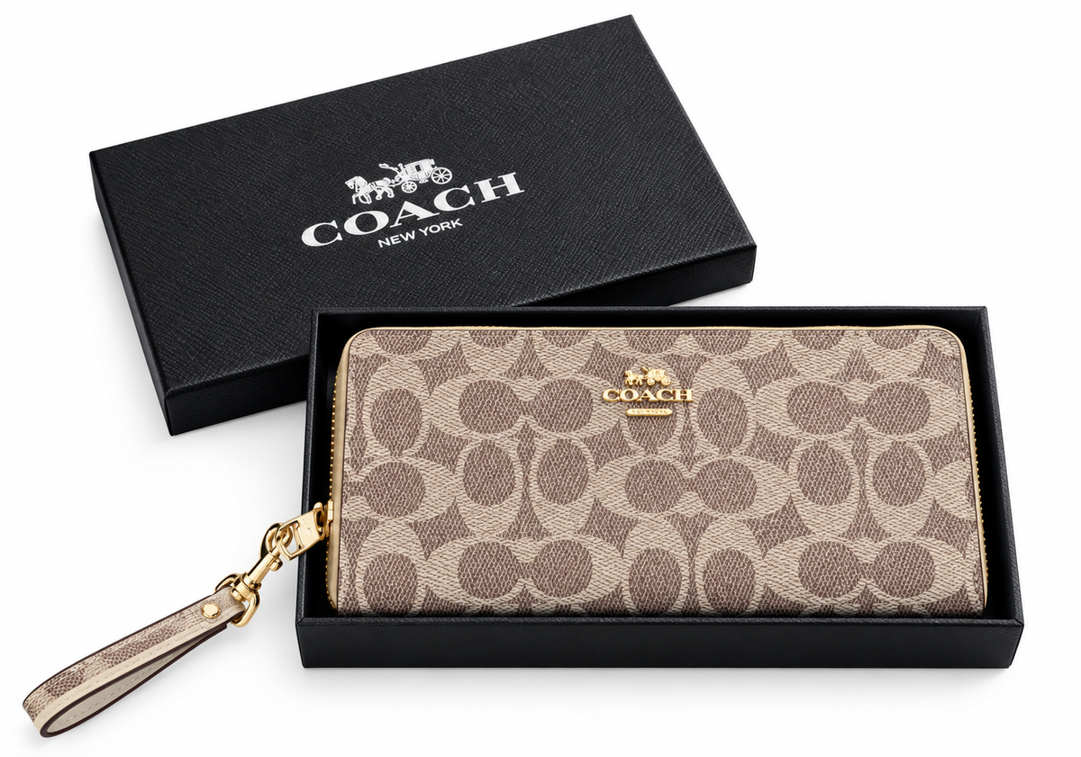 Coach Signature Canvas Long Zip Wallet – Dark Brown